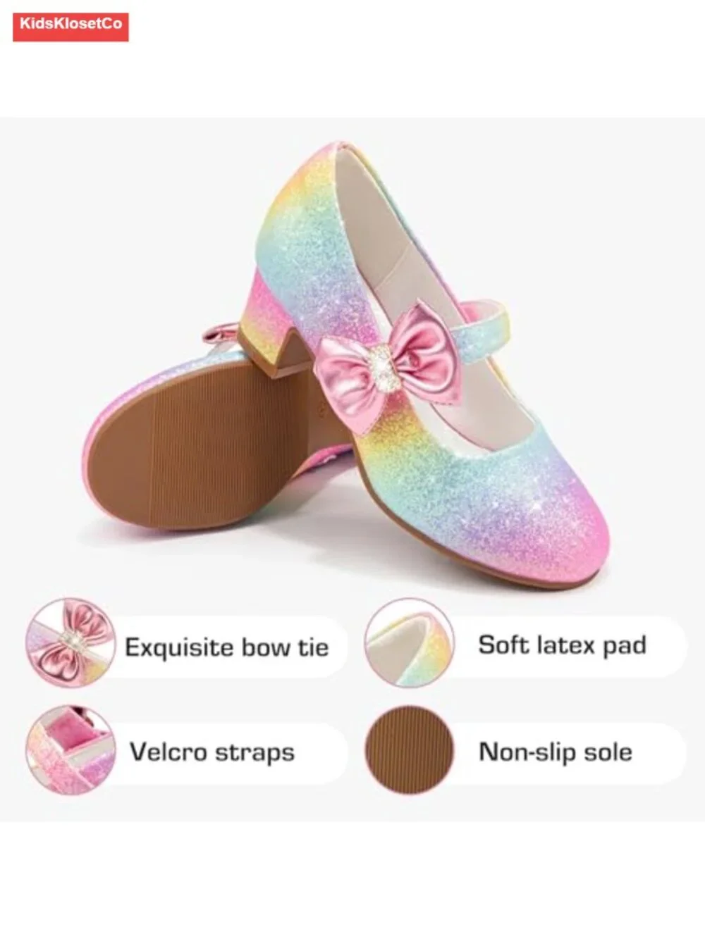 Girls Mary Jane Heels with Bow Sparkly Dress Shoes for Wedding Party